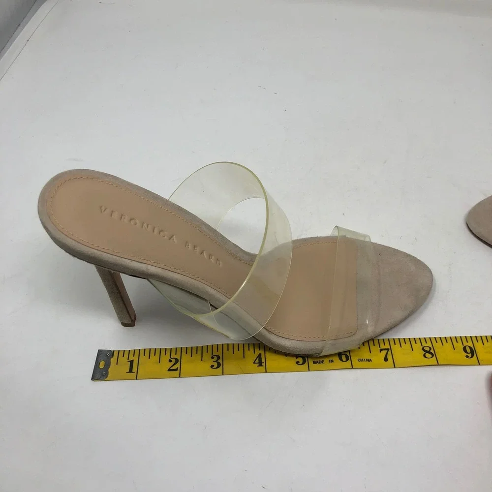 Veronica Beard Asha Sandals Womens 7.5 Tan Suede Clear PVC Double Strap Stiletto